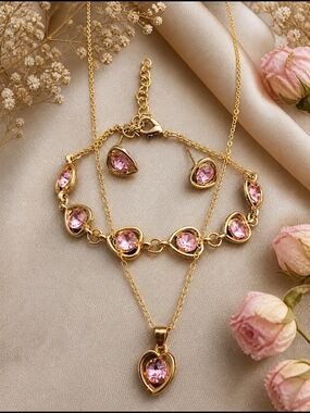 Gold Pink Heart Pendant Necklace Earrings Bracelet Set Women Jewelry